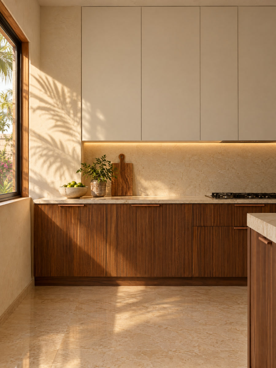 Cocina con gabinetes de tablillas de madera y alacenas blancas